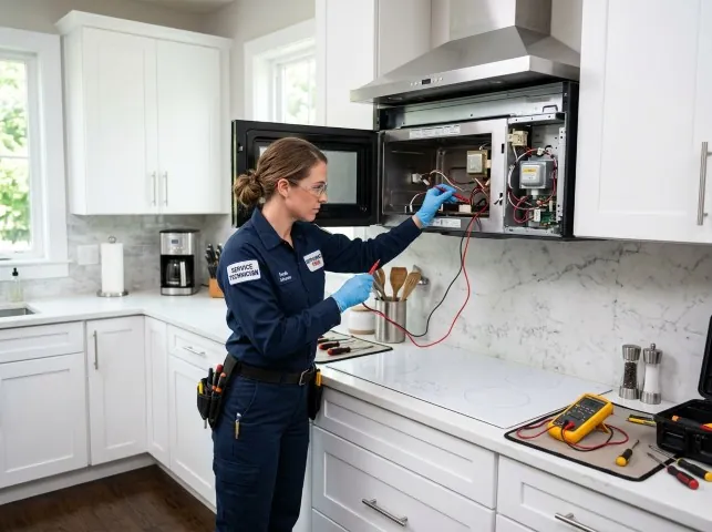 Appliance Repair Hero technician testing an over-the-range microwave in a Alpine, TX kitchen